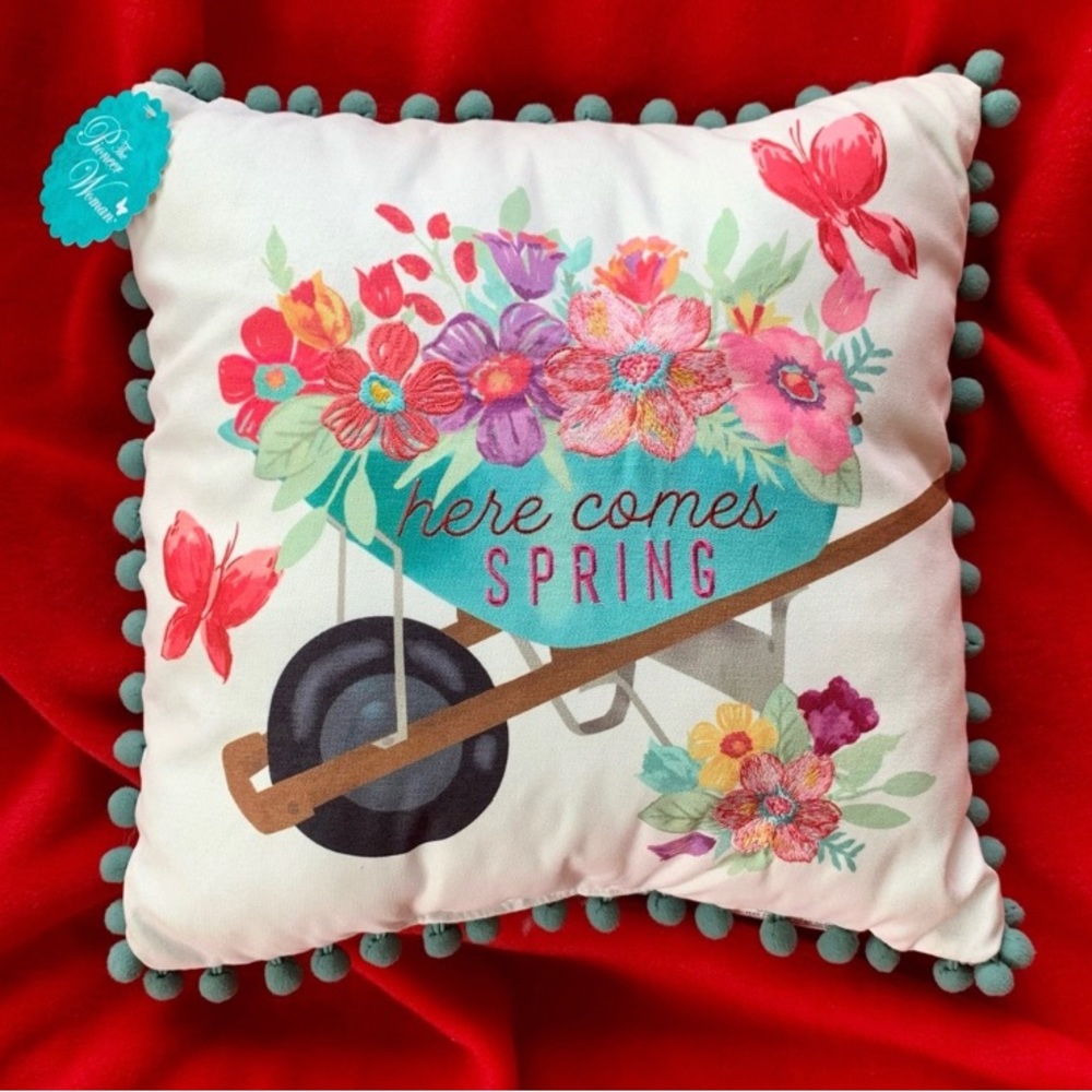 Pioneer Woman HERE COMES SPRING Floral Pillow Turquoise Gingham Back NWT